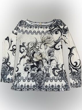 E83 S-Twelve Black & White Floral Scroll Long Sleeve Top, Size L